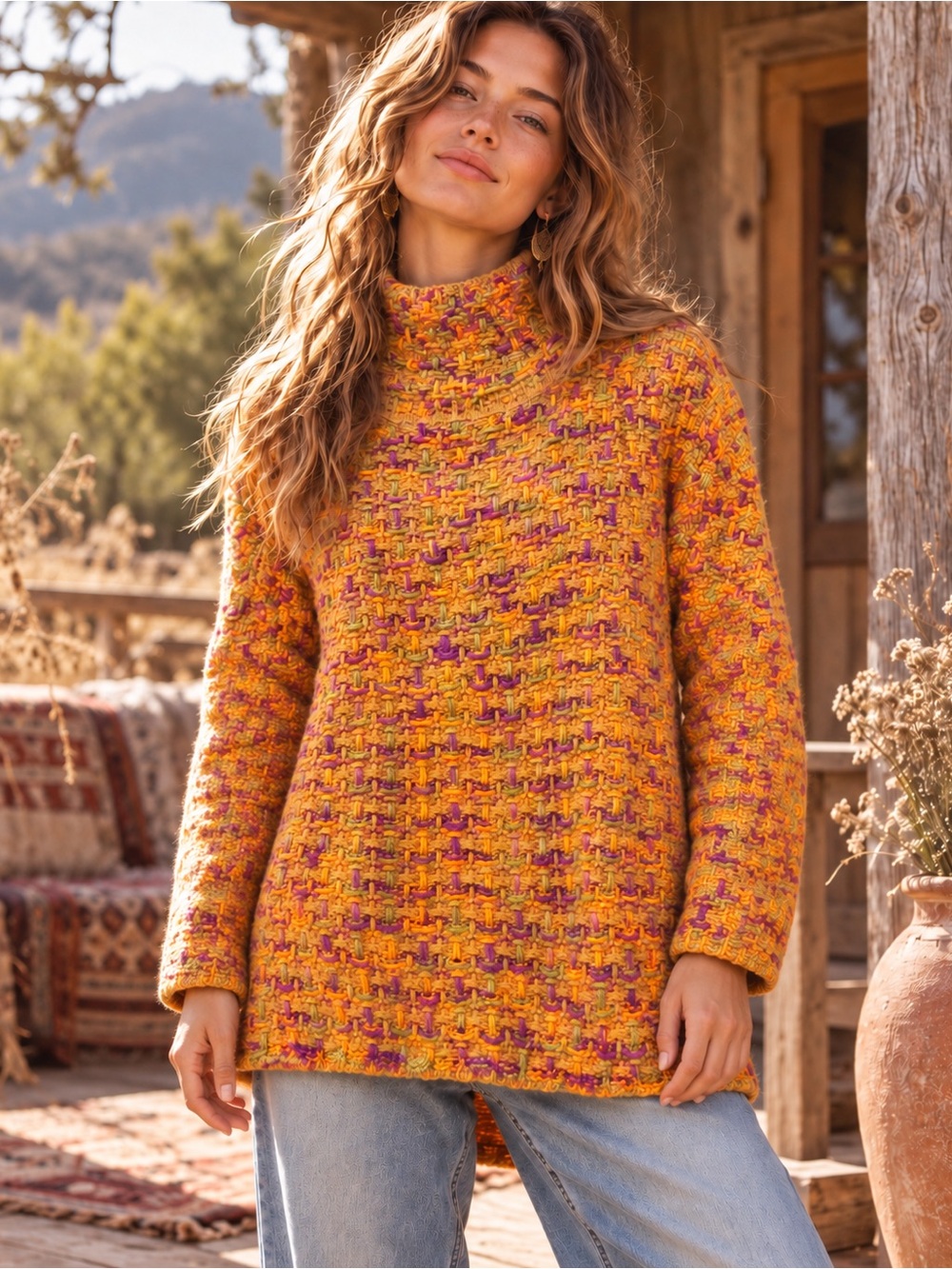 Listicle Sweater Womens Size S Multicolor Geometric Chunky Knit Turtleneck